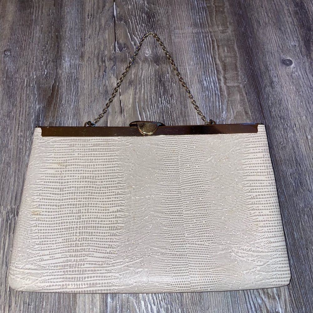 Preowned Vintage Etra Leather Faux Crocodile Clutch with Brass Frame